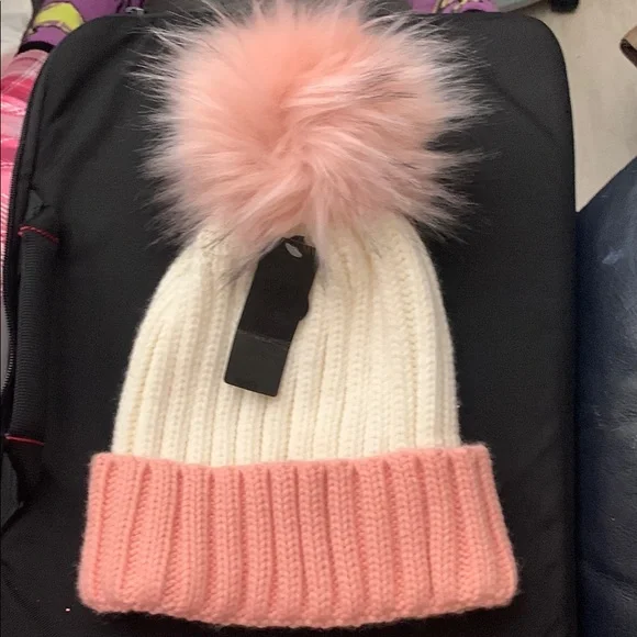 Cozy Pink and White Knit Pom-Pom Hat - Picture 1 of 2